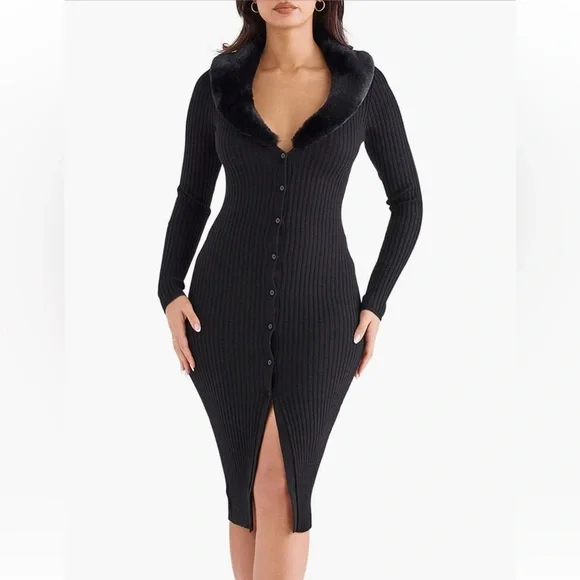 House Of Cb Women's Raine Faux Fur Trim Long Sleeve Rib Dress - Black - Casual Dresses House Of Cb Women's Raine Faux Fur Trim Long Sleeve Rib Dress - Black - Casual Dresses